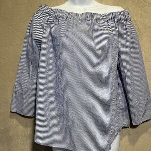 Zara Women Blue White Pinstripe Off Shoulder Top Size Large